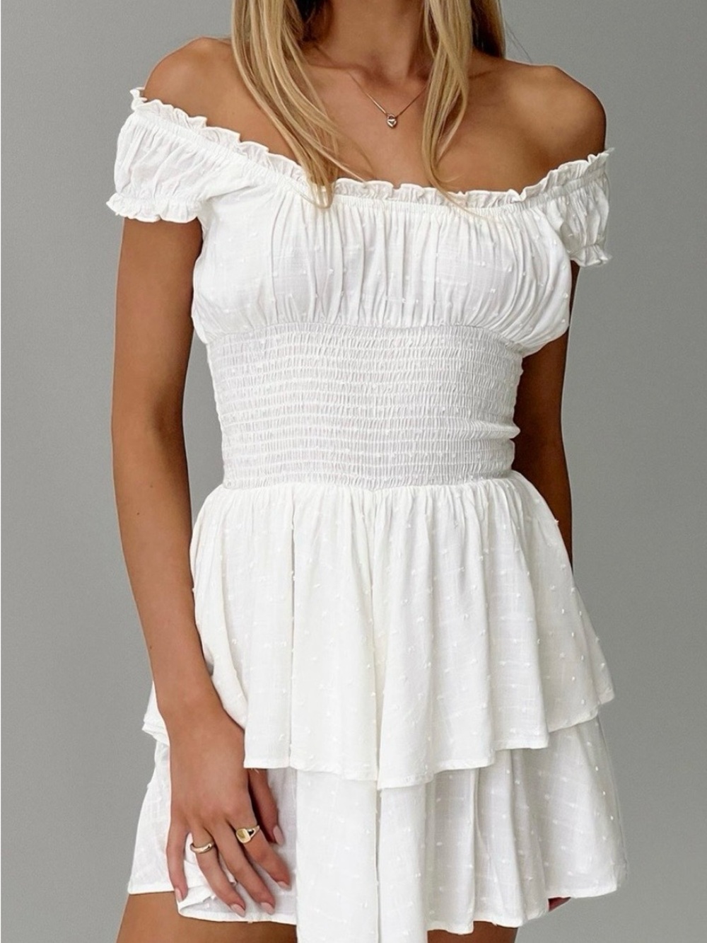 Princess Polly White Off-Shoulder Smocked romper boho, cottagecore, flirty